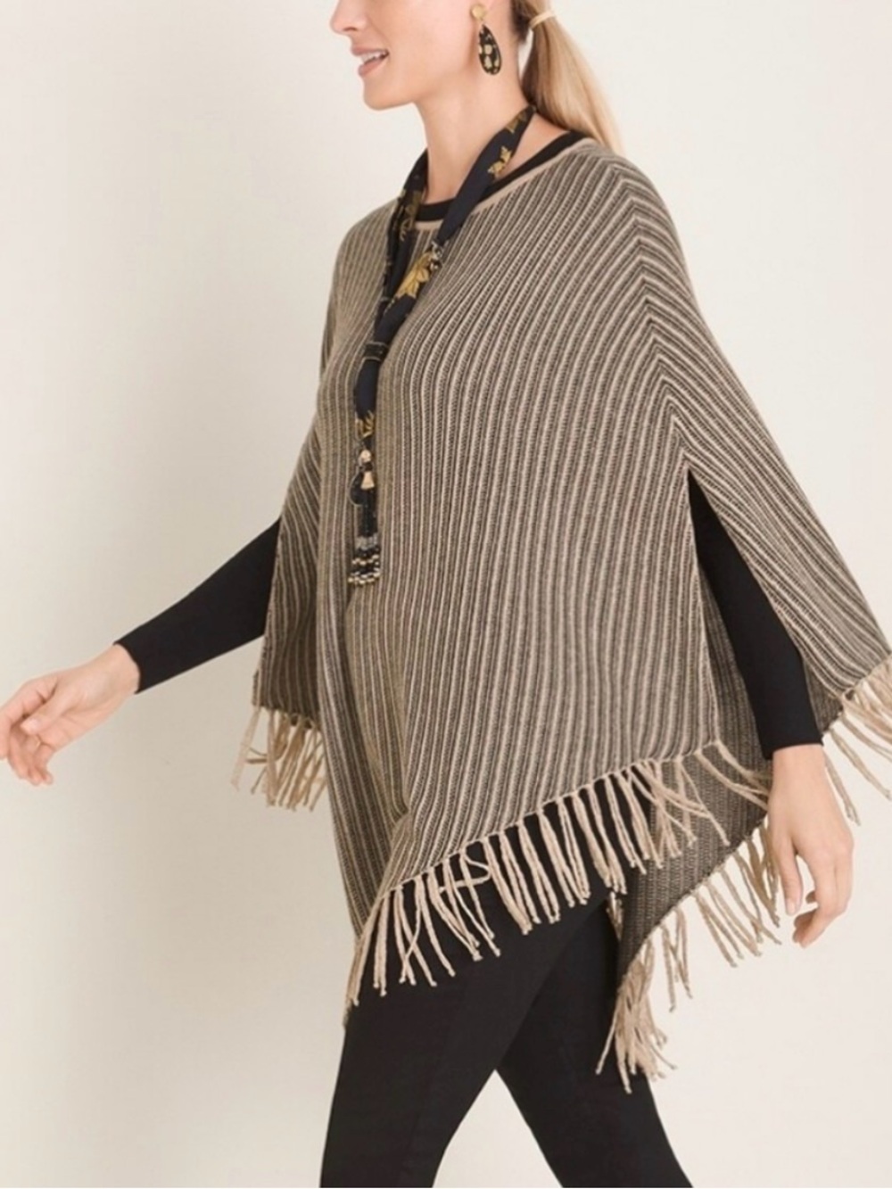 Chico’s Black Soft Gold Metallic Fringe Poncho Holiday Layering Winter Office